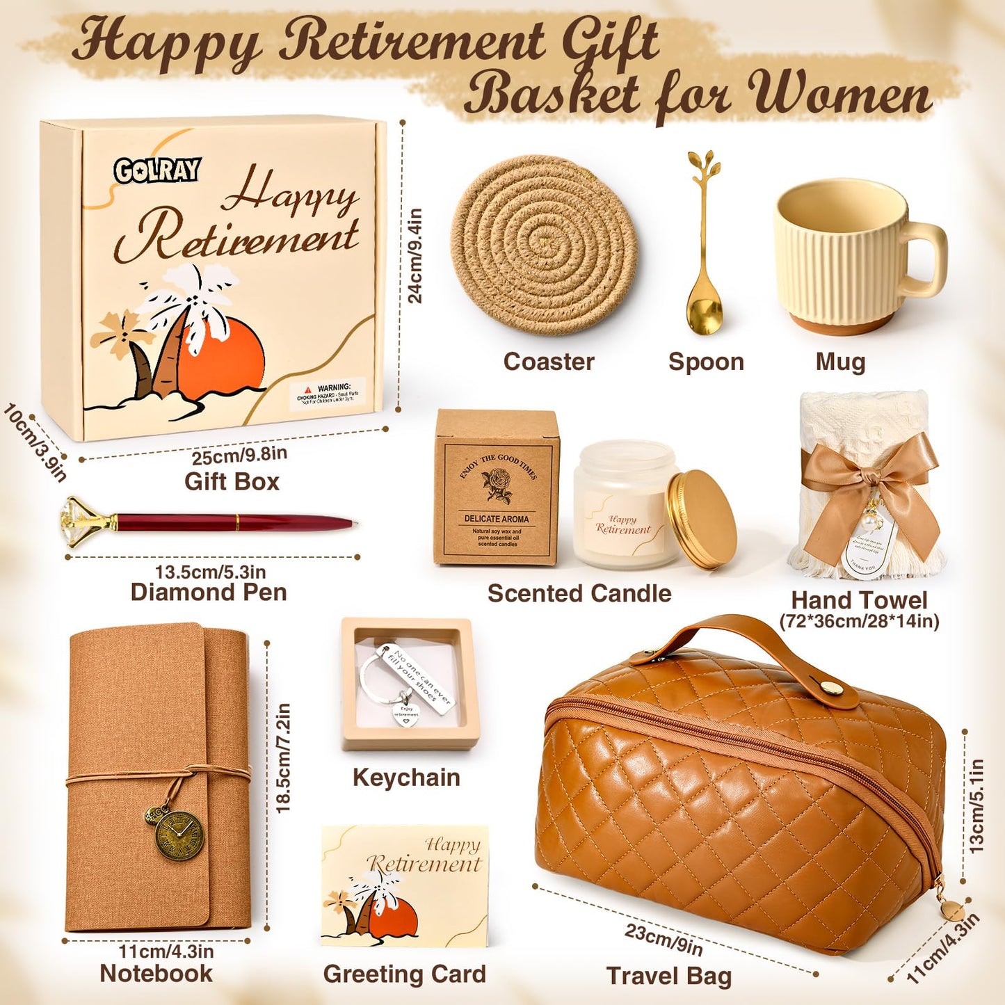 Golray Retirement Gift for Woman, Retired Gifts with Travel Bag/ Notebook/ Mug, Happy Retirement Farewell Basket for Retiree, Coworker, Boss, Teacher, Nurse, Friend, Mom, Grandma