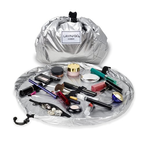 Lay-n-Go Cosmo Drawstring Cosmetic & Makeup Bag Organizer - Portable Drawstring Makeup Bag w/Zipper Pocket, Makeup Loops & More -Durable, Machine Washable Makeup Bag for Travel (20”, Metallic Silver)