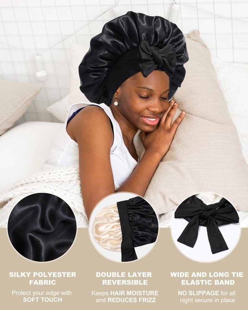 Satin Bonnet for Women Silk Bonnets for Sleeping Curly Hair Bonnet with Elastic Tie Band Reversible Double Layer Sleep Cap Hair Wrap (Black + Champagne)
