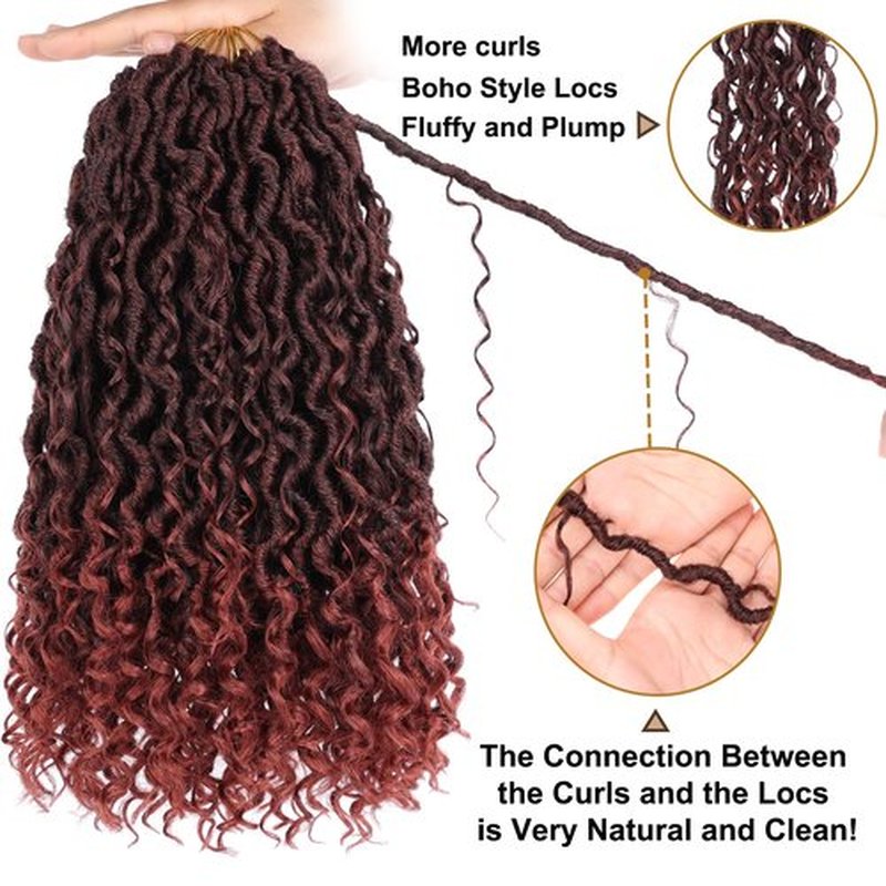 COOKOO Ombre Ginger Goddess Locs Crochet Hair 14 Inch 8 Packs Bohemian Faux Locs Crochet Hair for Kids Pre Looped River Locs Crochet Hair with Curly Ends Soft Crochet Goddess Locs Hair T350#
