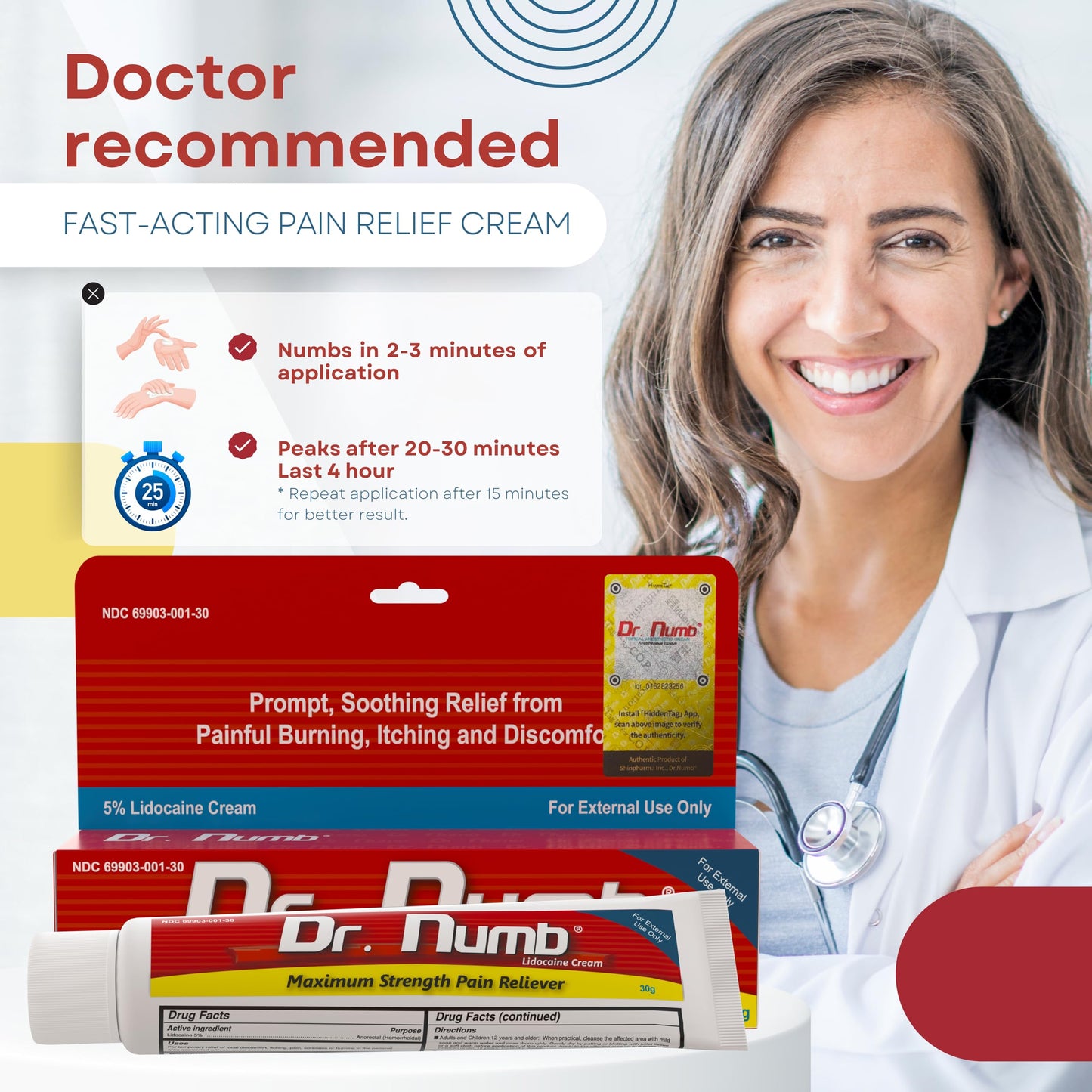 Dr. Numb 5% Lidocaine Numbing Cream, Fast-Acting Maximum Strength Topical Anesthetic Pain Relief Burn Itch Numb Cream with Vitamin E for Hemorrhoid Treatment, Local and Anorectal Uses - 30g 2 Pack