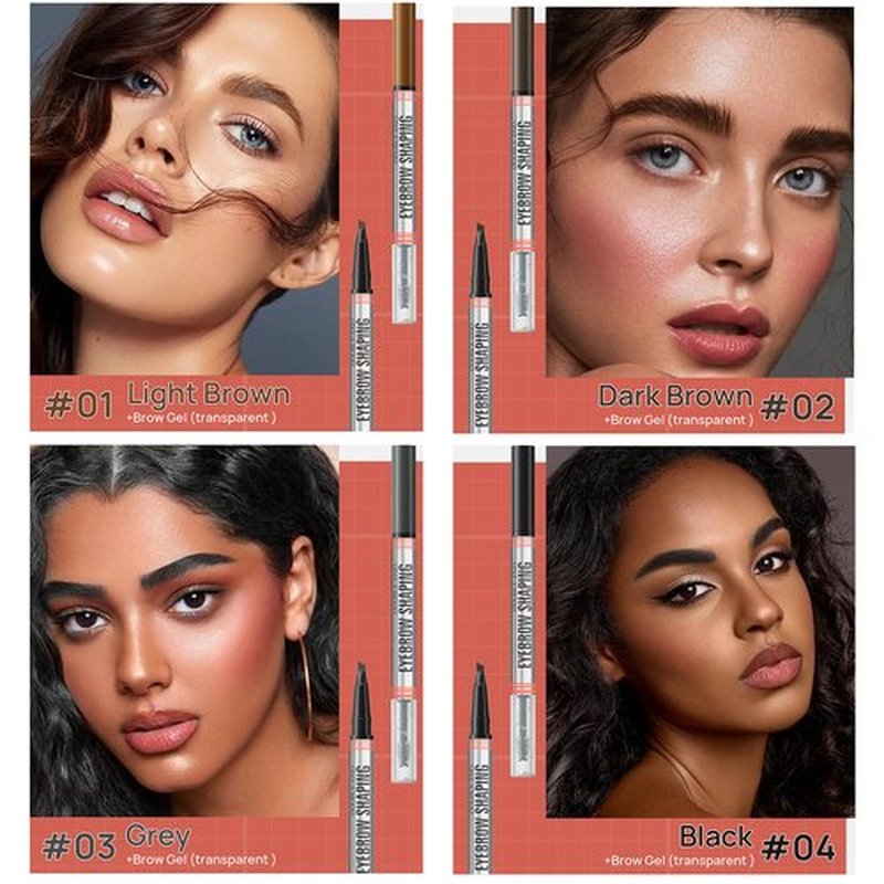 Microblading Eyebrow Pen, Eyebrow Pencil with 4-Fork Tip & Shaping Brow Gel, Waterproof 2-in-1 Dual-Ended Eye Brow Pencils for Women & Brow Glue Makeup Kit for Natural-Looking Brows Makeup,Grey
