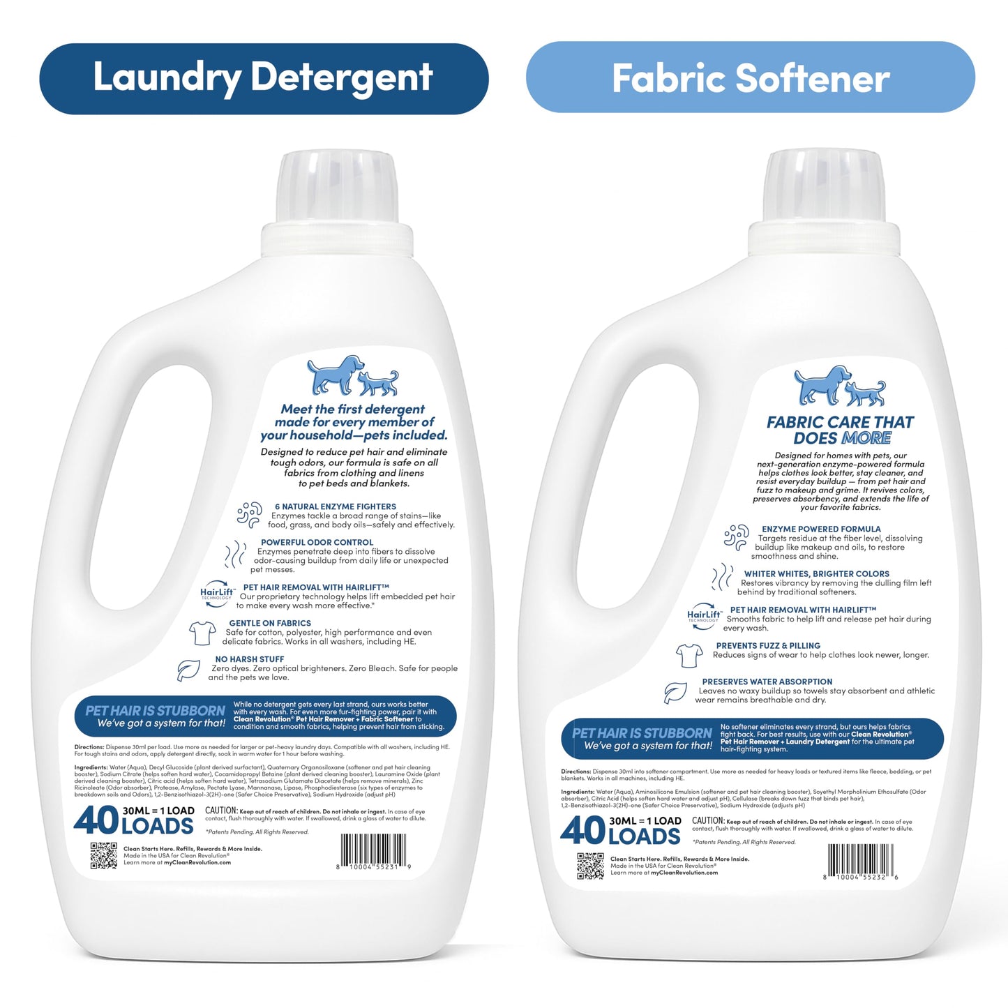 Clean Revolution Pet Hair Remover Laundry System 2-pack: Laundry Detergent + Fabric Softener with HairLift Technology, Fragrance-Free, 6 Natural Enzymes, Removes Pet Hair, Stains & Odors, 40 Oz Each