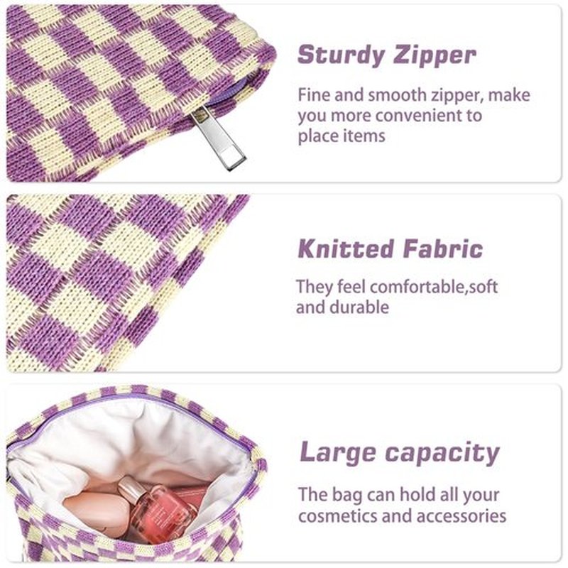 ZLFSRQ 2Pcs Checkered Makeup Bag for Women Large Cosmetic Bag Set Travel Toiletry Bag Makeup Pouch Bag for Purse Purple Zipper Storage Bag Organizer Cute Small Aesthetic Girls Car Essentials Bag