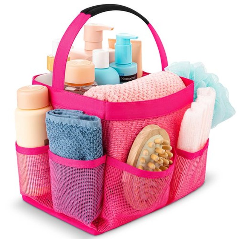 Masirs Mesh Shower Caddy Bag - Collapsible, Portable Bathroom Organizer for Travel, Gym, and Dorm Use. Easily Carry and Organize College Dorm, Bathroom Toiletry Essentials. (Pink)