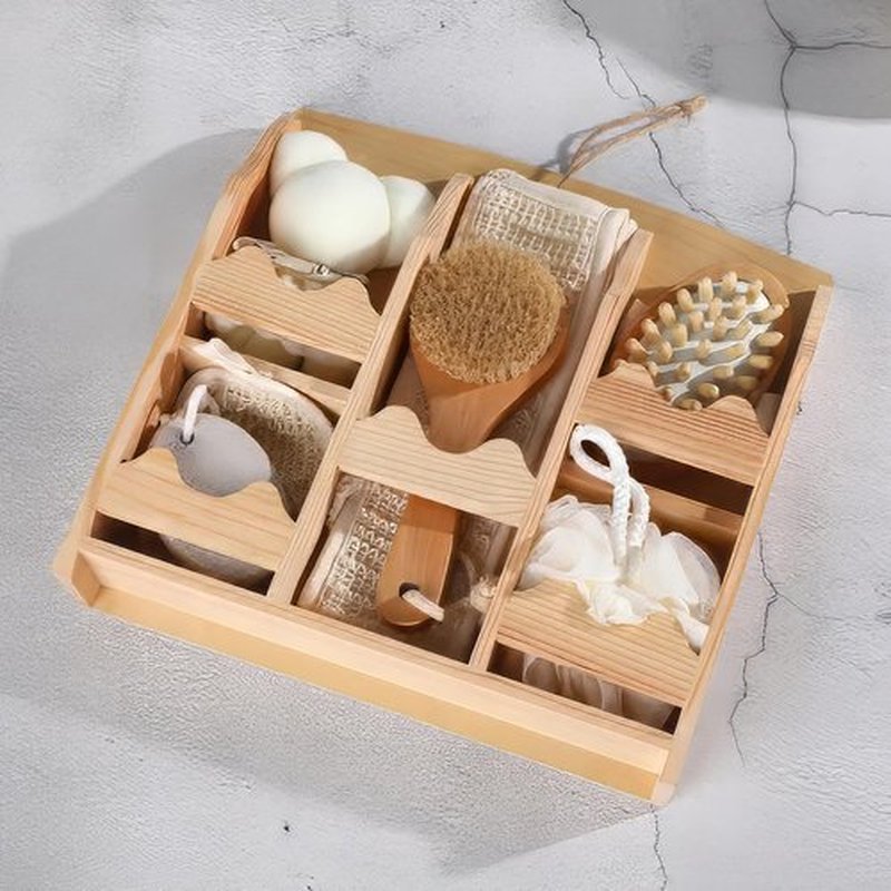 7Pcs Bath Exfoliating Brush Set in Round Wooden Box Hair Brush, Wood Roller Massager Scrubber Stone Shower Brush Nylon Glove with Storage Basin, Shower Spa Basket Gift Set for Women Men (Wood)