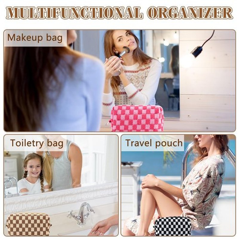ZLFSRQ 4Pcs Checkered Makeup Bag for Women Knitted Small Cosmetic Bag Travel Makeup Pouch for Purse Zipper Toiletry Organizer Cute Aesthetic Girls Makeup Brushes Storage Bag (Green/Black/Pink/Brown)