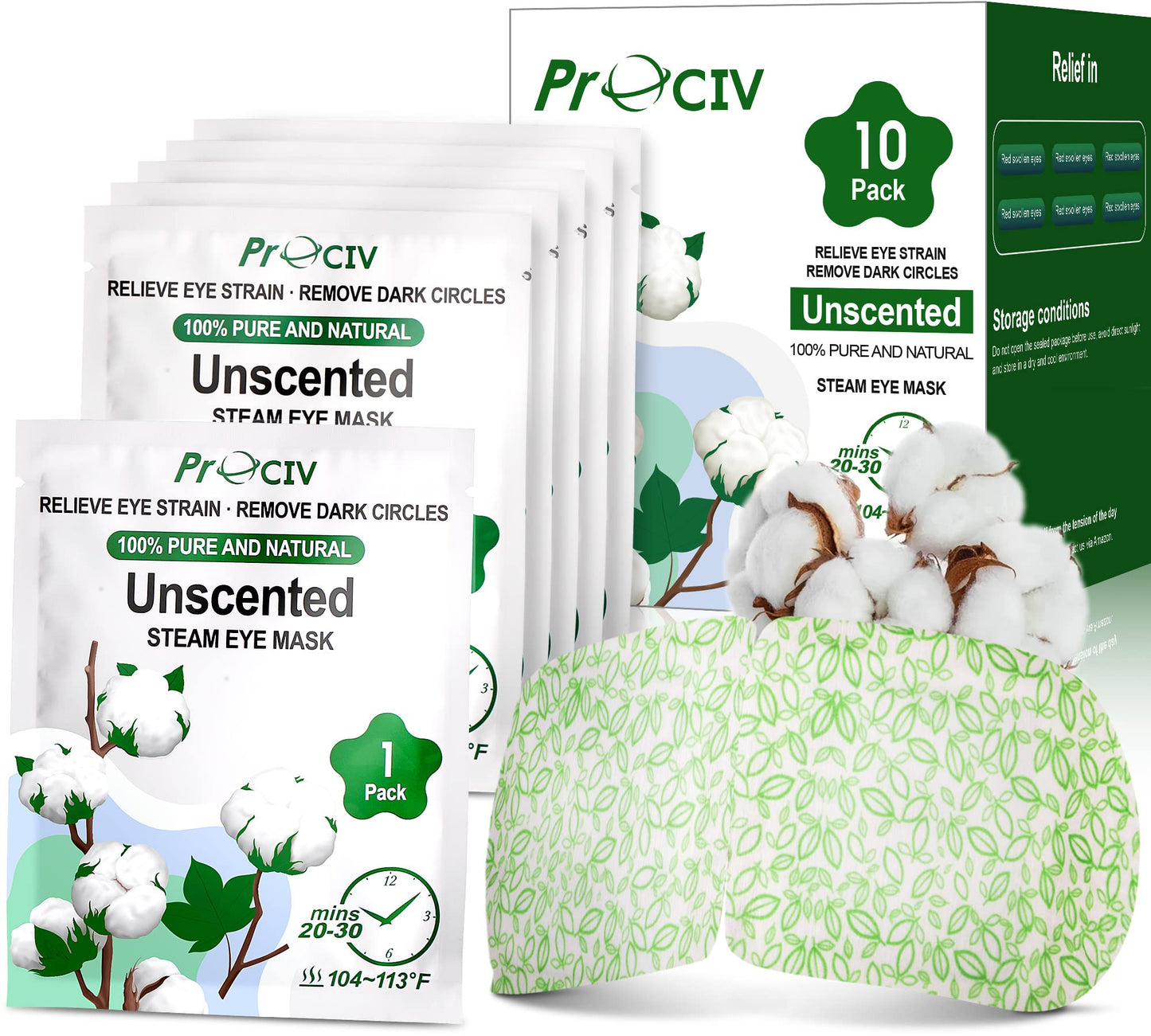 ProCIV 10 Packs Steam Eye Mask, Unscented Self Heated Eye Masks for Dark Circles and Puffiness Disposable Warming Eye Masks for Soothing Headache Reliefing Eye Fatigue (Unscented)