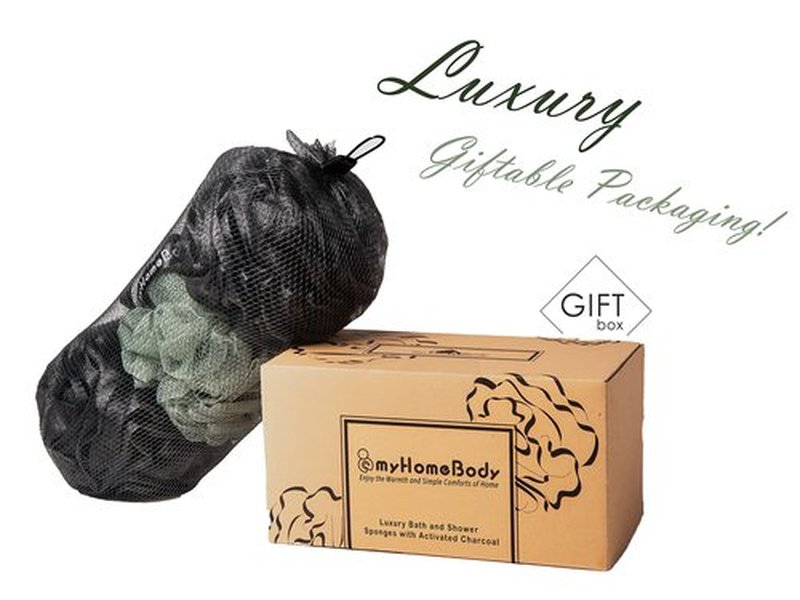 myHomeBody Large 70g Loofah Sponge, Bath Body Scrubber for Women, Men, Exfoliating Shower Pouf with Activated Charcoal - 2 Graphite Gray + 1 Sage Green, 3 Pack