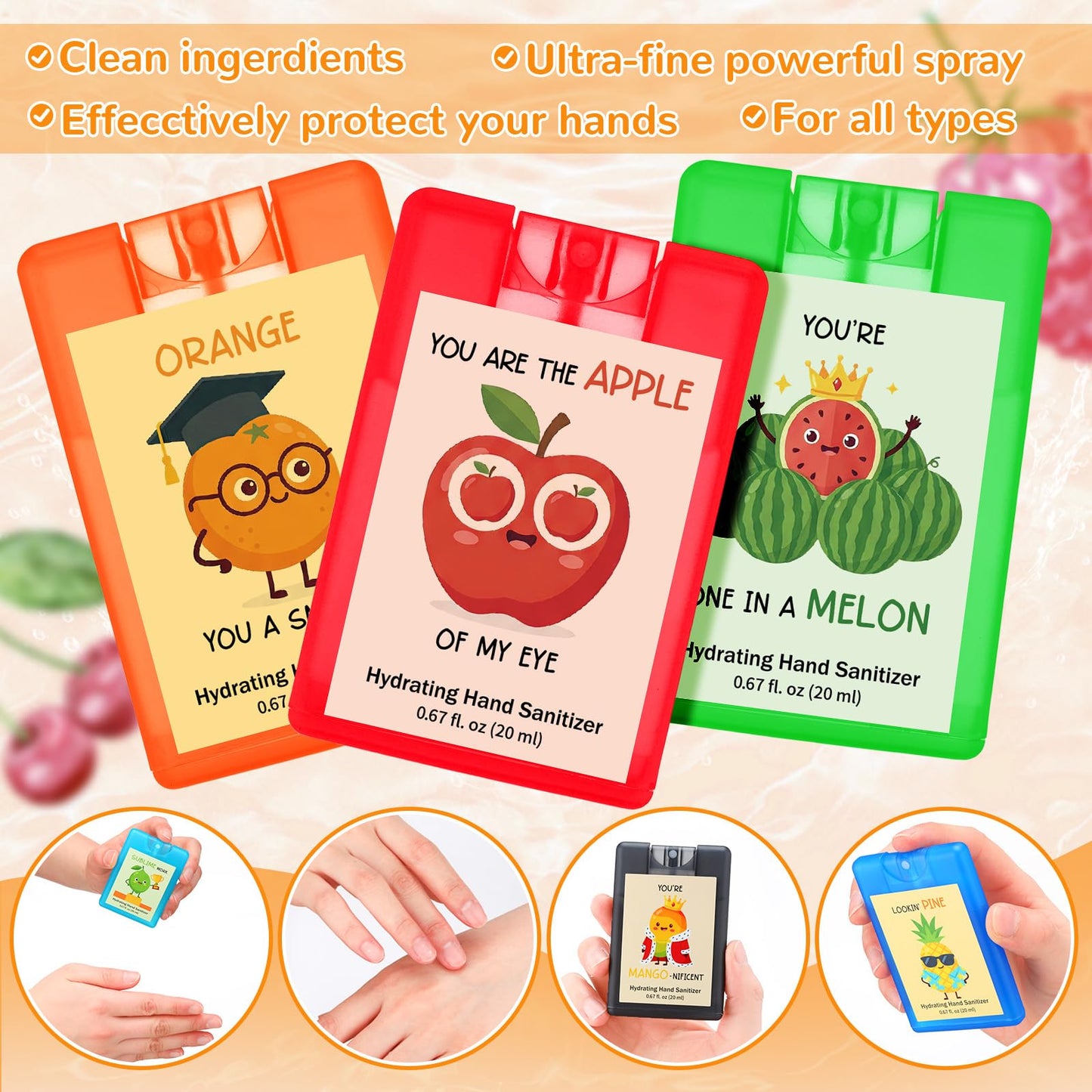 Frienda 24 Pack Graduation Party Favors Positive Hand Sanitizer Spray Bulk Portable Travel Size Mist Hydrating with Scented Essential Oils Mini Pun Motivational Gift for Women Teacher Employee, 0.67fl