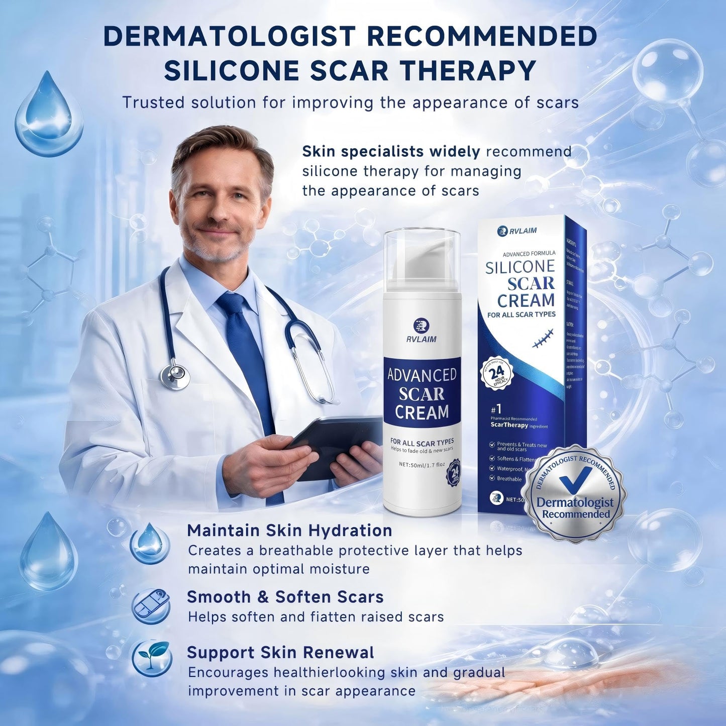 Scar Cream Scar Gel, Advanced Silicone Scar Gel, Professional Scar Removal Cream for Surgical Scars, Stretch Mark, Keloid Bump, C-Section, Old and New Scars