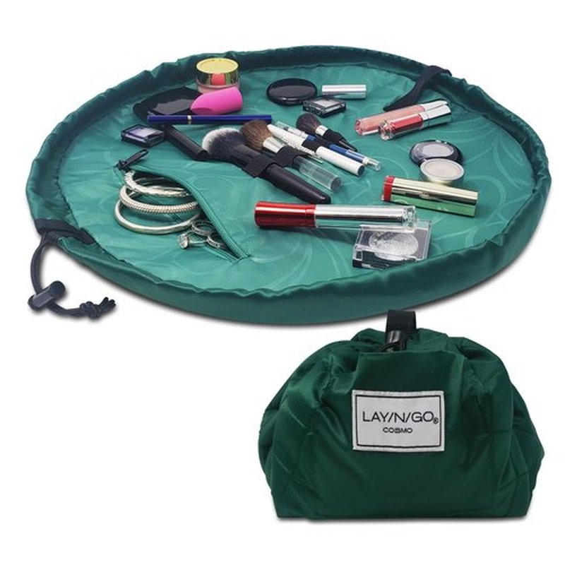 Lay-n-Go Cosmo Drawstring Cosmetic & Makeup Bag Organizer - Portable Drawstring Makeup Bag w/Zipper Pocket, Makeup Loops & More - Durable, Machine Washable Makeup Bag for Travel (20”, Evergreen)