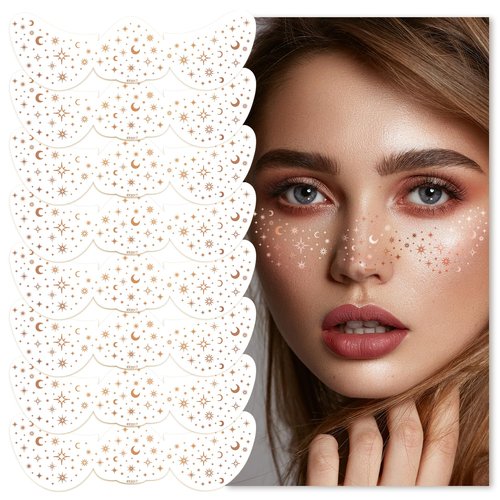 Glitter Freckles face Tattoo 8 Count Rose Gold Makeup Patches, Waterproof Faux Freckles for Women Temporary Face Freckles Must-Have for Music Party Makeup