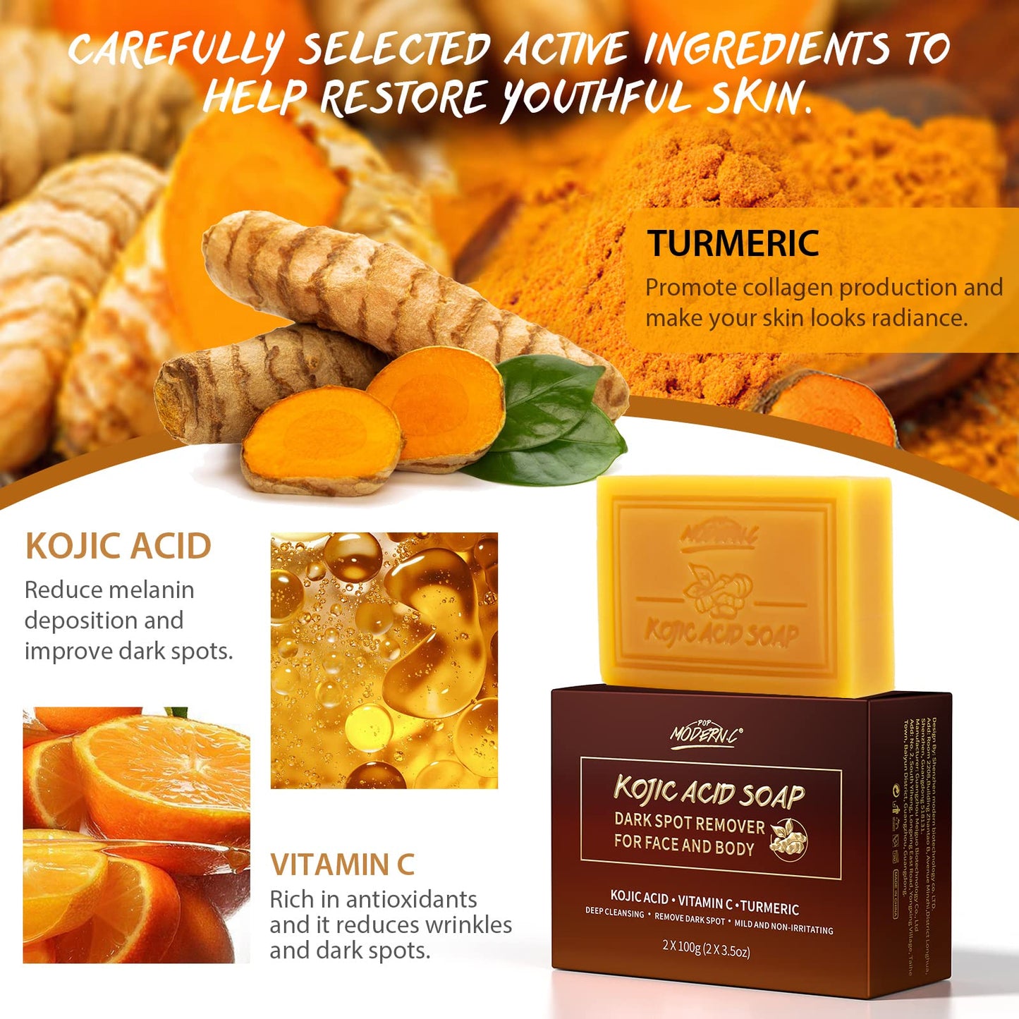 POP MODERN.C Kojic Acid Soap Turmeric Soap Dark Spot Remover for Face and Body Bath Soap Lightening Moisturizing Even out Tone Skin Vitamins C for Acne Blackheads Remover 3x100g