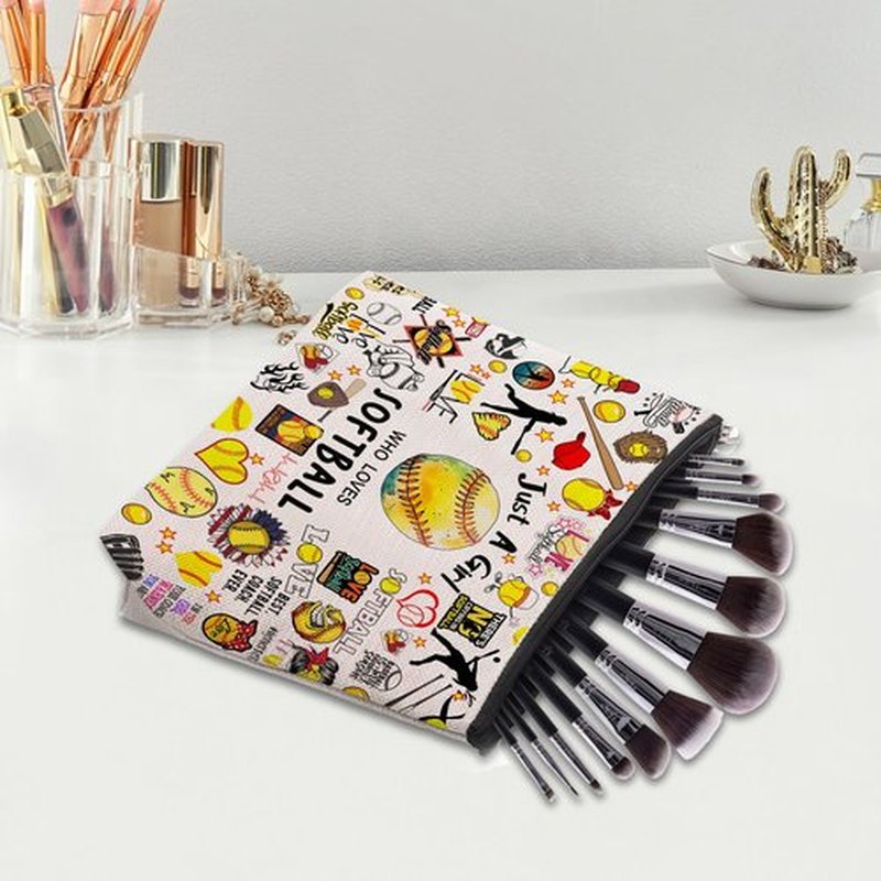 Softball Gifts Makeup Cosmetic Bag for Women, Birthday Gifts for Softball Lovers Players Fans, Softball Stuff Accessories Gifts for Team Coach, Softball Travel Bag Pouch Purse for Female Friends