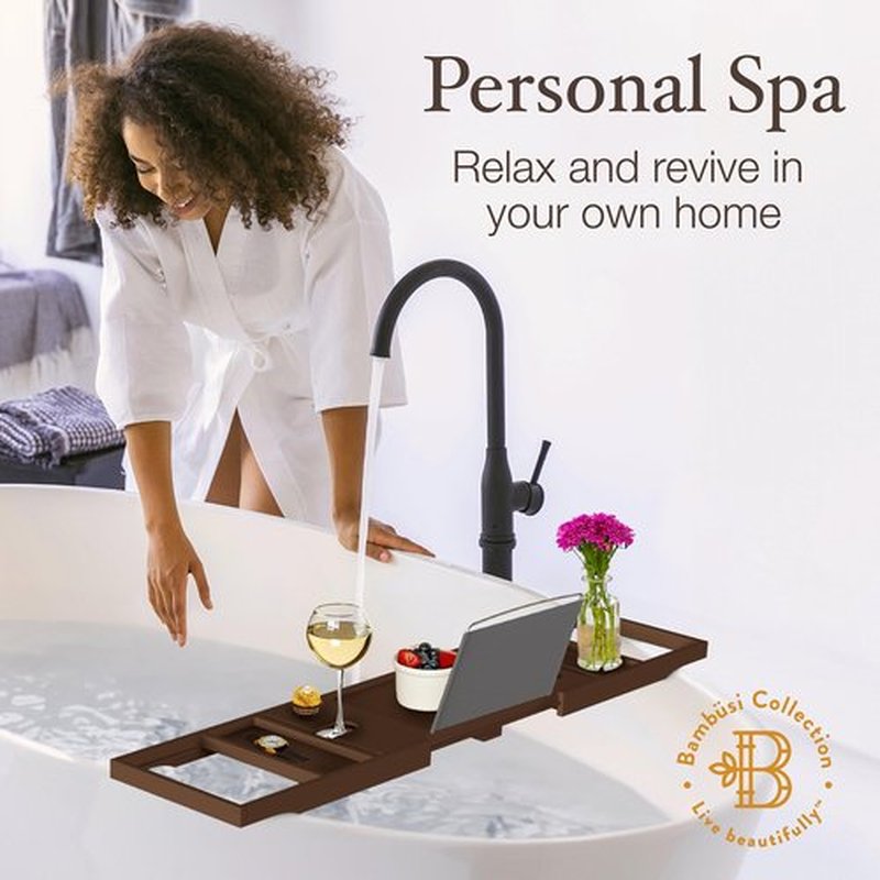 Foldable Bathtub Tray - Expandable Bamboo Bath Caddy with Wine, Book & Tablet Holder - Luxurious Bath Accessories, Perfect Spa Experience - Unique Gifts for Mom, Women, Couples, Housewarming (Brown)