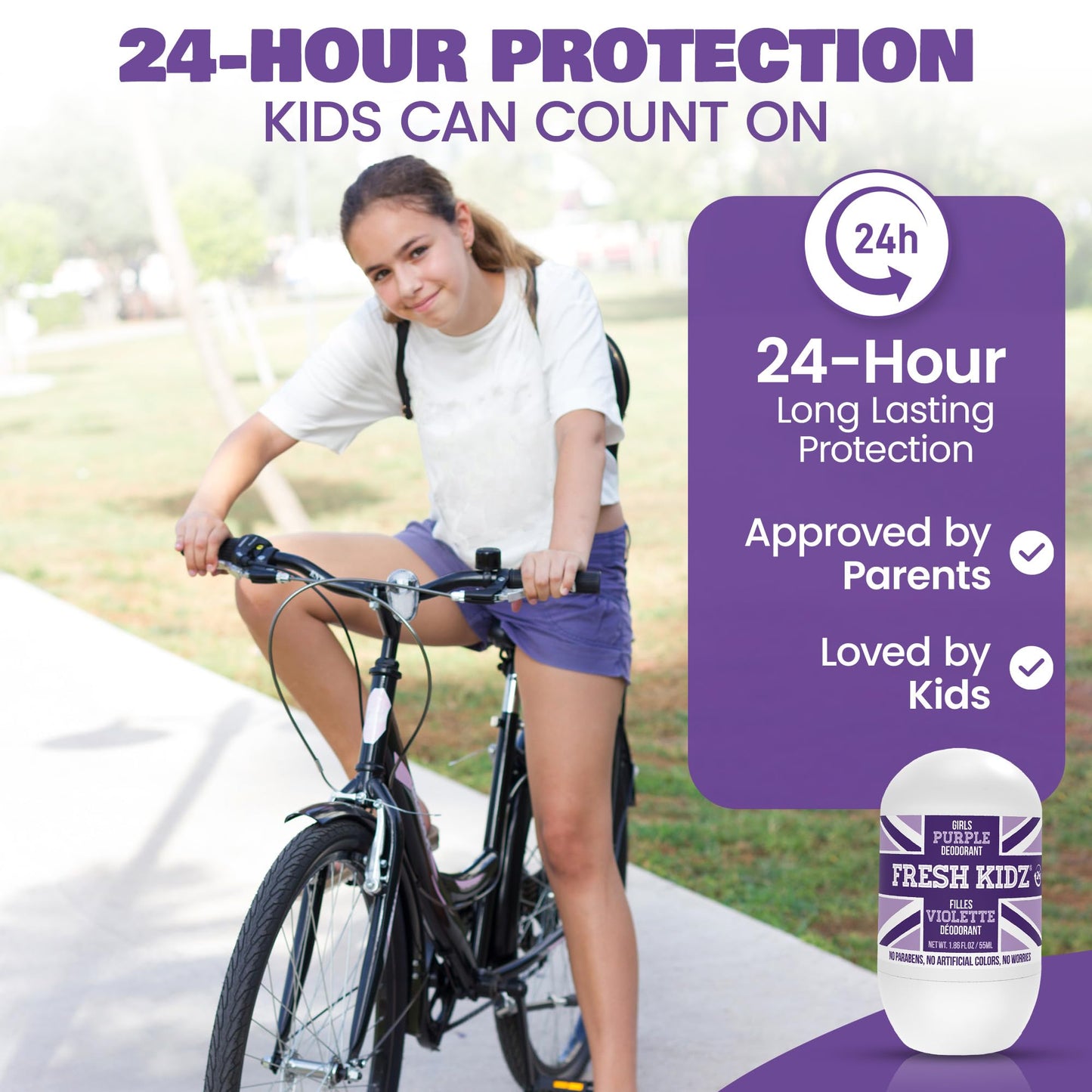 Fresh Kidz Roll On Deodorant for Kids and Teens - Baking Soda and Aluminum-free 24 Hour Protection for Sensitive Skin - Girls "Purple" 1.86 fl.oz.