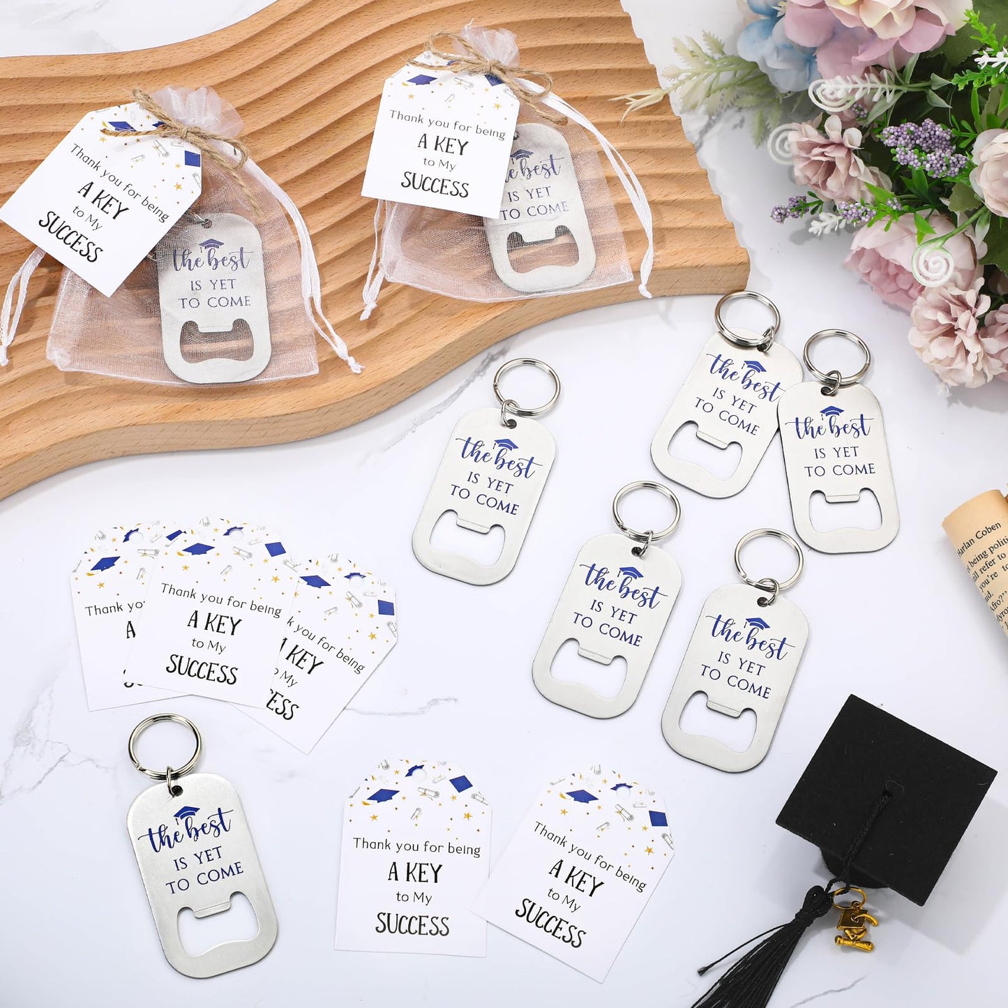 Vesici 30 Sets 2026 Graduation Party Favors for Guests Beer Bottle Opener Keychains Bulk Class of 2026 The Best is Yet to Come Keychains with Thank You Cards Organza Bags Ceremony Gifts (Blue)