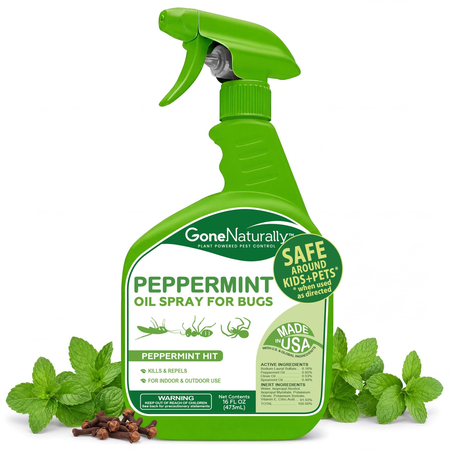 GoneNaturally Peppermint Oil Spray for Bugs– Extra Strong Insect Repellent & Bug Spray for Home– Kills & Repels Ants, Roaches, Spiders & More– Safe Around Kids & Pets– Indoor & Outdoor Use (16oz)