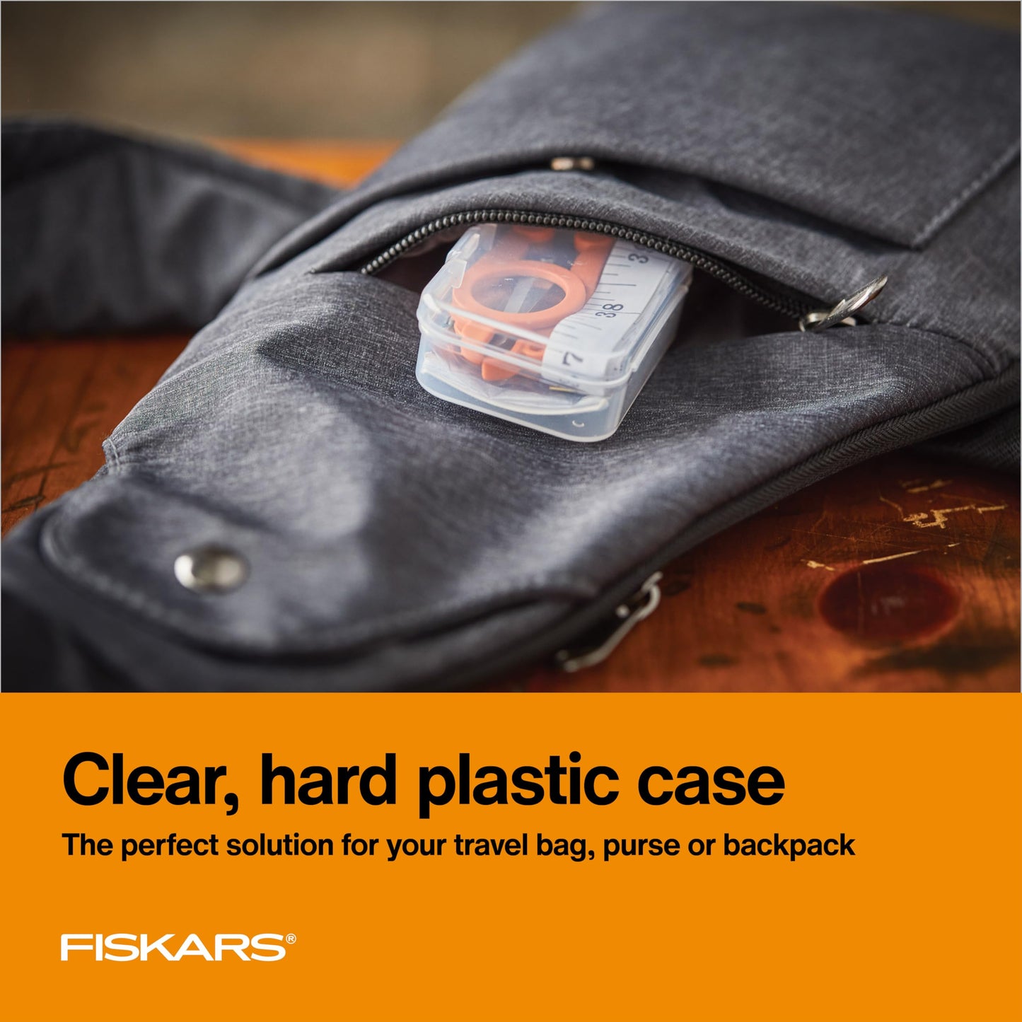 Fiskars Compact Travel Sewing Kit, TSA compliant Folding Scissors, 27-Piece Repair Set for Buttons and Hemming, Threads, Needles, 39” Measuring Tape, Small Size for Purses and Carry on, Orange