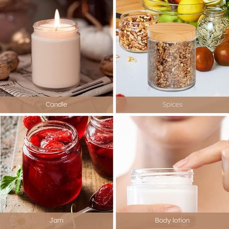 Small Glass Containers with Lids, 8 oz Glass Jars with Plastic Woodgrain Lids & Inner Liners, Reusable Travel Containers for Creams, Makeup, Lotion, Cosmetic - 2 pack