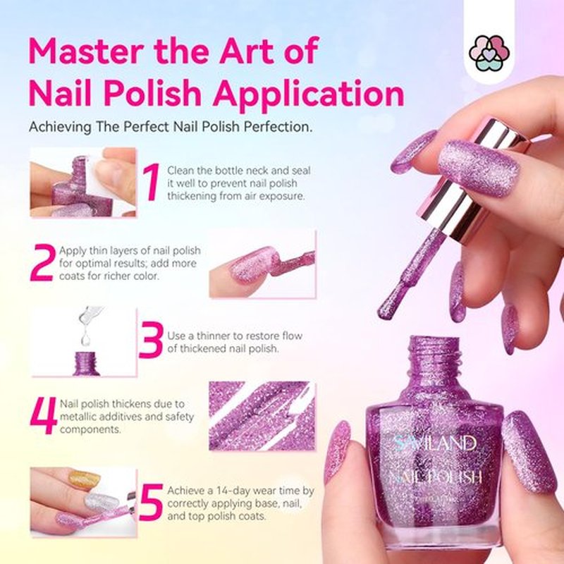 SAVILAND 12 Colors Glitter Nail Polish Set: Quick Dry Nail Lacquer Set Green Red Diamond Sparkly Shiny Nail Polish with Base Top Polish Coat 0.34oz Nail-Varnish for Fingernail Toenail Manicure Art DIY