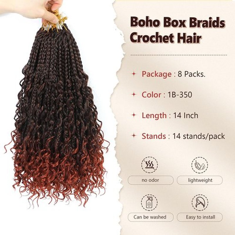 Boho Box Braids Crochet Hair 8 Packs Boho Crochet Braids Pre Looped 1B/350 Goddess Box Braids Crochet Hair for Black Women 14 Inch Boho Braids Crochet Hair Extension