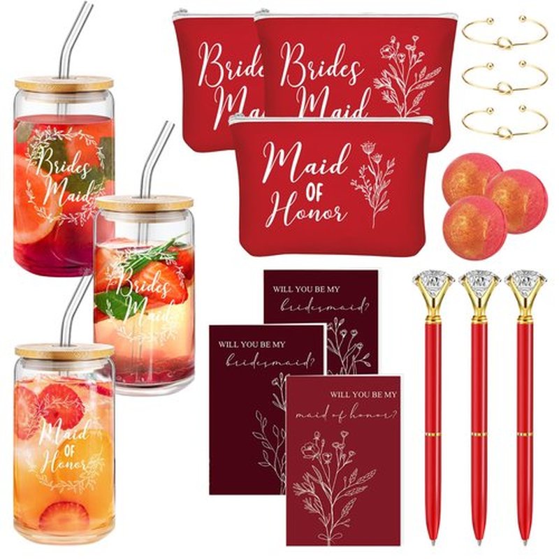 Skybooly 18 Pcs Bridesmaid Proposal Gifts Maid of Honor Gifts Including Brides Maid Glass Cup Makeup Bag Diamond Pen Bracelet Invited Cards for Wedding Party Favors(Red)