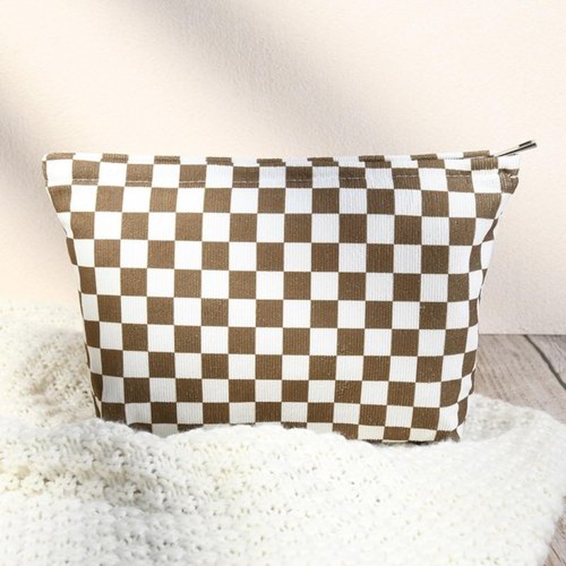 SOIDRAM 2 Pcs Checkered Makeup Bag Large Cosmetic Bag Toiletry Bag Makeup Pouch Travel Bag Organizer Cute Makeup Brushes Aesthetic Accessories Storage Bag for Women Coffee Brown