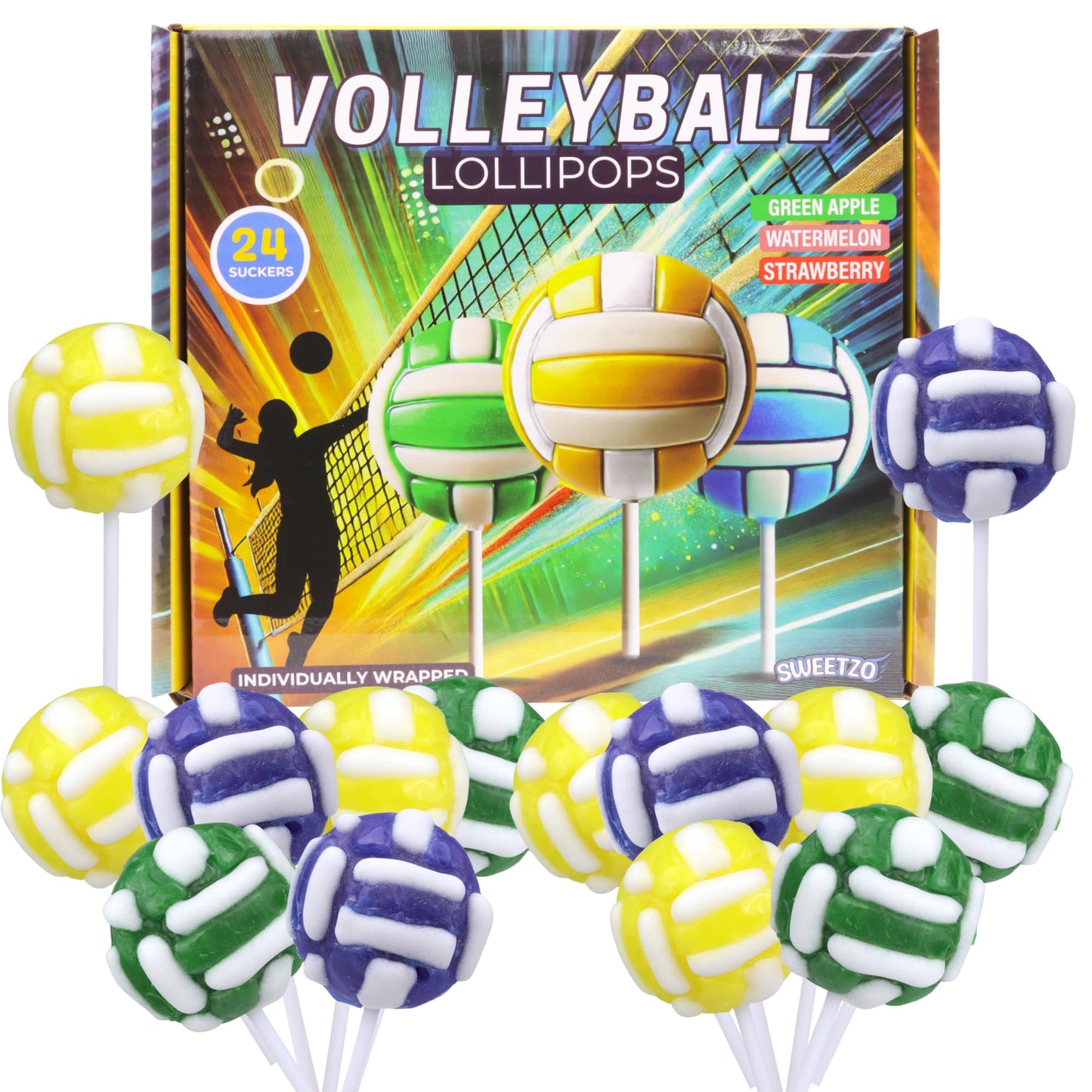 Volleyball Lollipops, 2D Suckers, Individually Wrapped Candy for End of Year Team Gifts Party Favors, Assorted Fruit Flavors, 24 Count