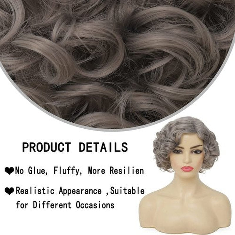 Amnenl Grey Short Curly Wig for Women Finger Wave Wigs Natural Heat Resistant Synthetic Hair for Daily Costume Party Halloween Wig