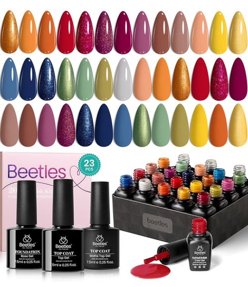 Beetles 20 Colors Gel Polish Set, 23 Pcs Gel Polish Nail Kit Red Blue Green shades Gel Polish Burgundy Orange Nails Polish with Base Matte & Glossy Top Coat Soak off Manicure Gifts for women