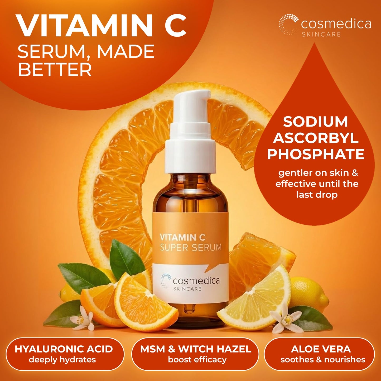 Cosmedica Vitamin C Serum for Face with Hyaluronic Acid & Vitamin E – Brightening Anti-Aging Serum for Dark Spots, Fine Lines & Wrinkles, Lightweight Collagen Booster, 1 fl oz
