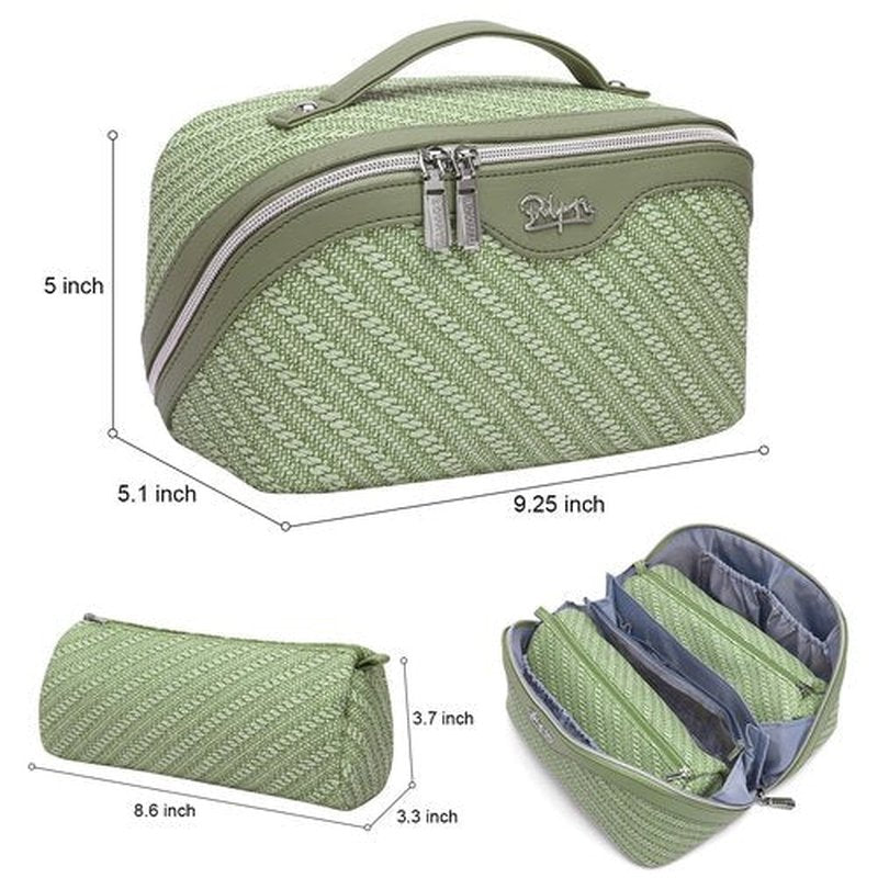 Travel Makeup Bags Cosmetic Organizer Bag: Large Capacity Make up Bag Set of 3 - Vegan Leather Toiletry Bag for Women - Portable Makeup Organizer with Compartments & Handle & Divider (3 Light Green)