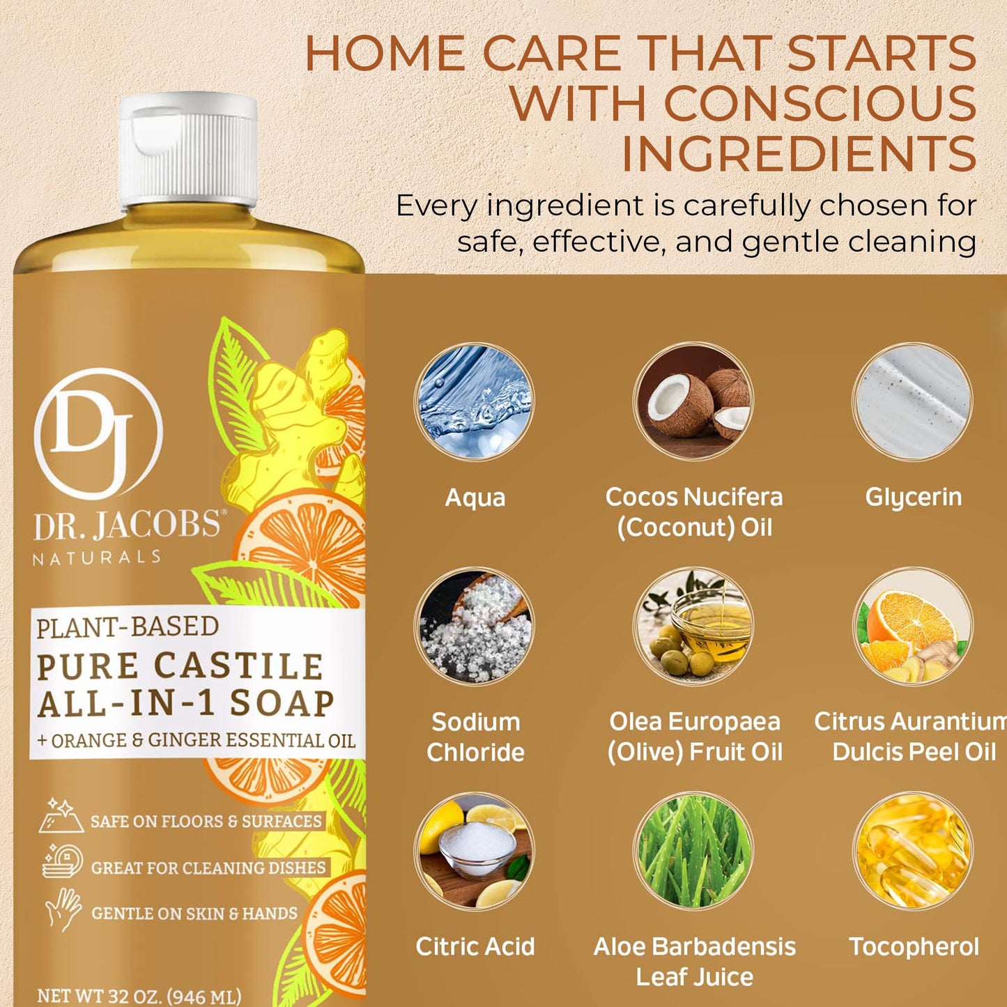 Dr. Jacobs Naturals Orange & Ginger Castile All-In-One Cleaner and Soap - Plant-Based Formula for House Cleaning Floors and Appliances - Gentle on Skin and the Planet - 32 oz, 1 Pack