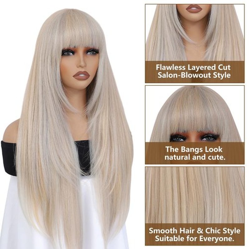 meiliprotea Blonde Striaght Layered Wig with Bangs Wear and Go Glueless Wig 30 Inch Blonde Wig with Bangs Layered Cut Long Straight Synthetic Wig for Women Daily Use(Blonde)