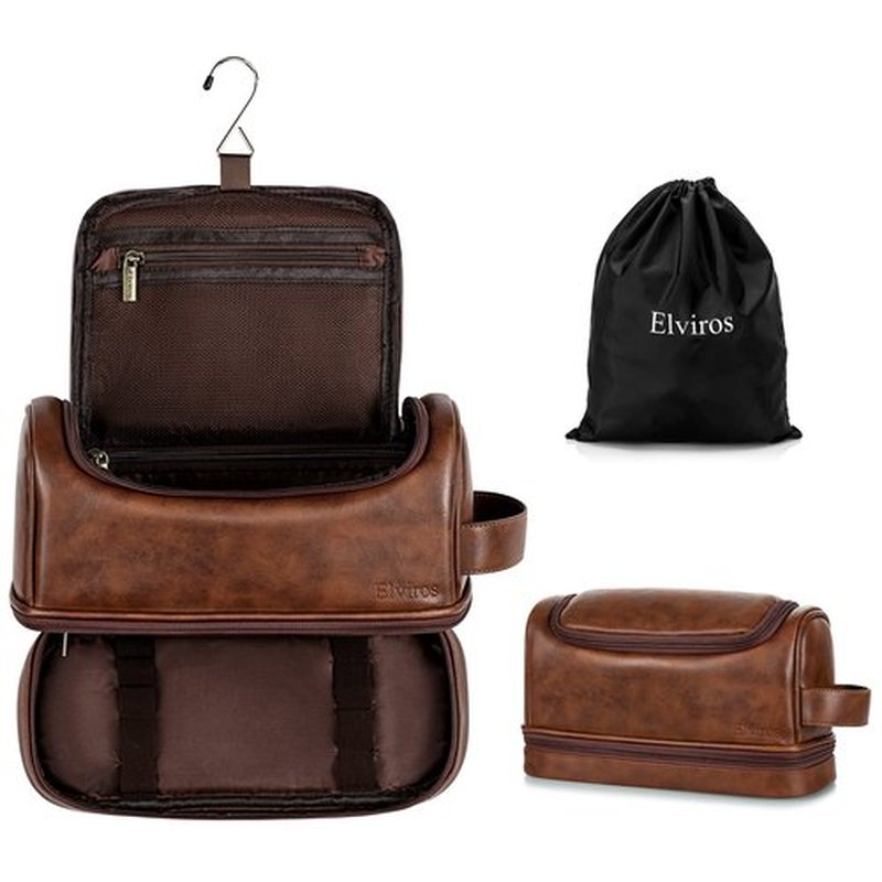Elviros Toiletry Bag, Mens Leather Travel Organizer Kit with hanging hook, Large Water-resistant Toiletries Bathroom Shaving Bags for Women (Large, Dark Brown)