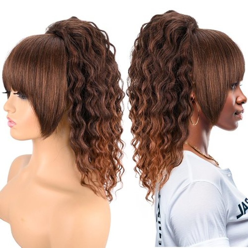 Rafabcici Ponytail Extension with Bangs,Yaki Curly Drawstring Ponytail Extension for Women 20 Inch Long Wavy Layered Pony Tails Hair Extensions Synthetic Clip in Ponytail Hairpiece for Women(T30)