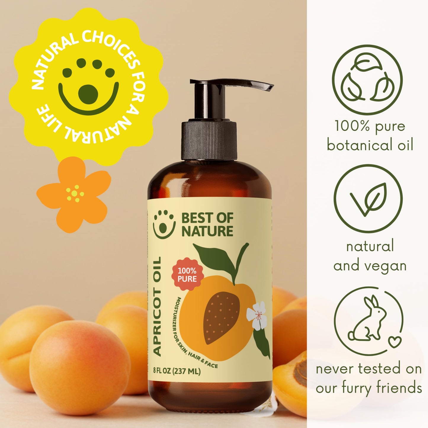 Best of Nature 100% Pure Apricot Kernel Oil – Lightweight Unscented Massage & Body Oil for Skin, Face & Hair – Carrier Oil for Essential Oils & Aromatherapy – 8 fl oz