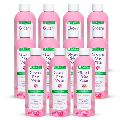 De La Cruz Rose Water and Glycerin for Face - Rosewater Facial Toner and Moisturizer for Skin and Hair 8 fl oz (236 mL) - 11 Bottles