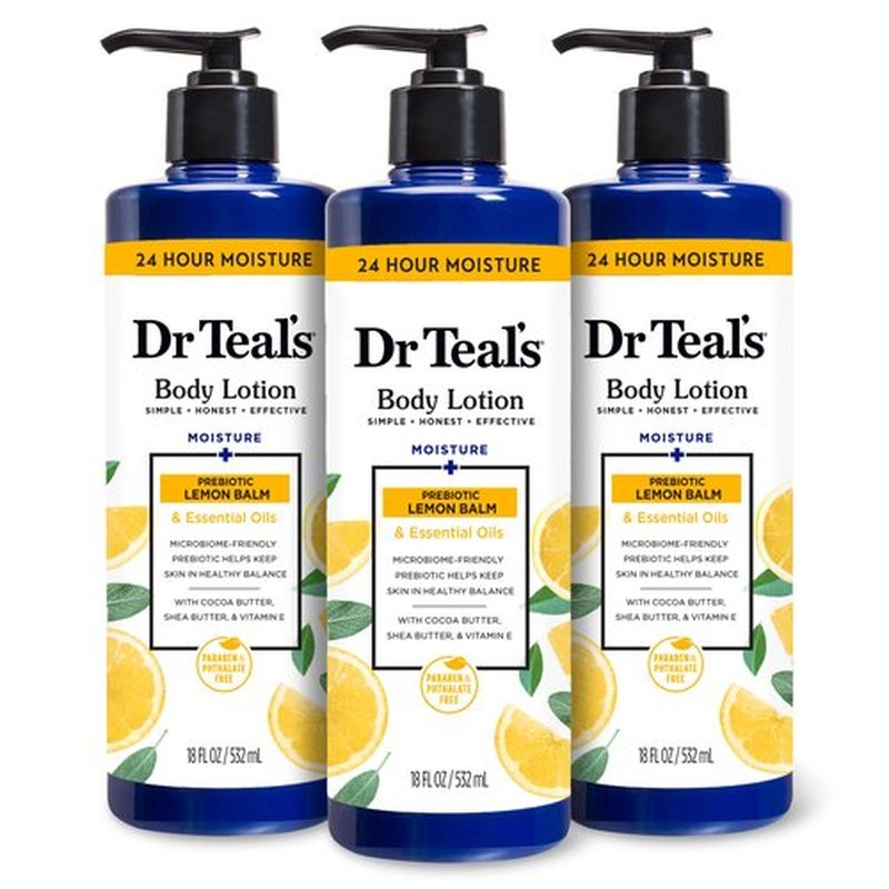 Dr Teal's Body Lotion, Lemon Prebiotic Lemon Balm & Essential Oils, 18 oz (Pack of 3)