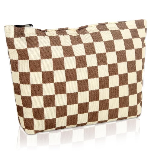 Wudimeitt Cosmetic bag Makeup bag Preppy Cute Corduroy Toiletry bag for women travel essentials (Plaid khaki)