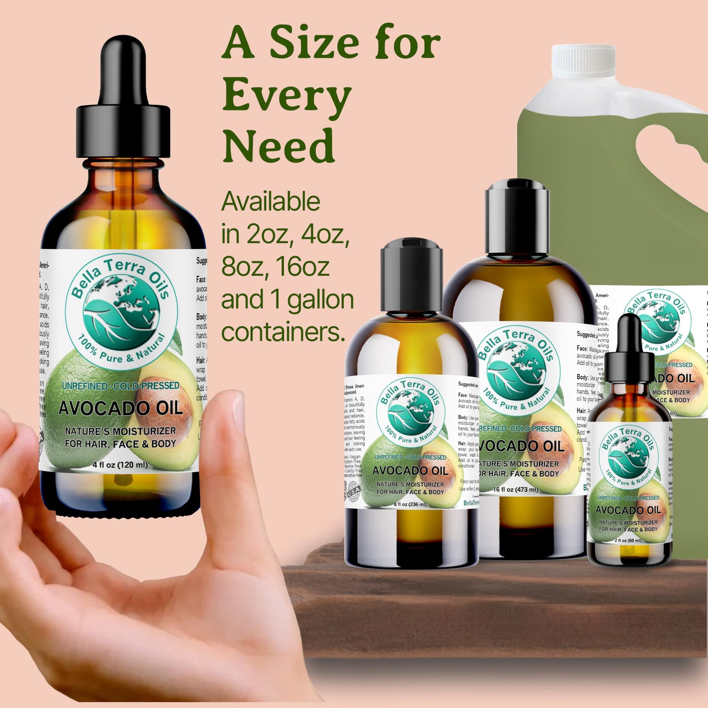 Bella Terra Oils - Avocado Oil 8 oz - Cold-Pressed Excellence, Brimming with Oleic Acid & B-Vitamins, Ideal Complement for Skin Care Regimens