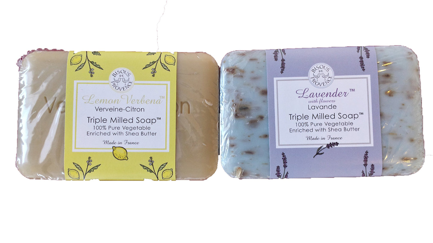 Trader Joe's Bisous De Provence Triple Milled Bar Soap 100% Pure Vegetable Enriched With Shea Butter 2 Scent Bundle- 1 Lemon Verbena (Verveine-Citron) & 1 Lavender With Flowers (Lavande) (2 Bars Total