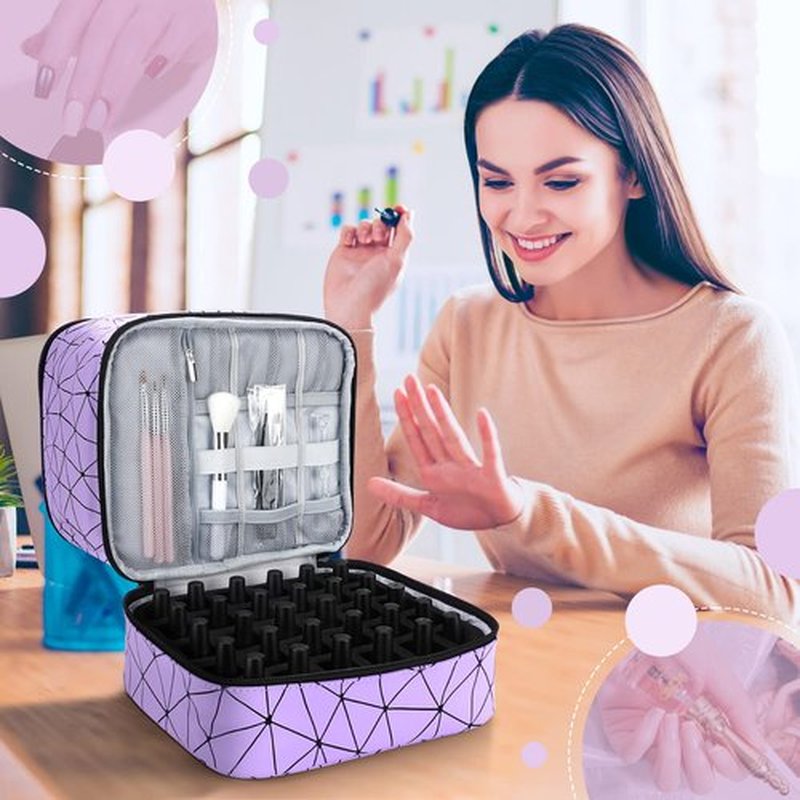 Nail Polish Organizer Case, Fingernail Polish Travel Organizer with Handle, Holds 30 Bottles, 1 Led Nail Lamp Nail Art Supplies, Double Layer Nail Polish Carrying Case With Detachable Interior