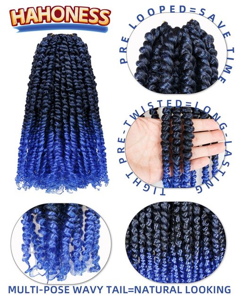 hahoness 14 Inch 8 Packs Pre Looped Passion Twist Crochet Hair for Black Women and Kids-Ombre Blue, Super Soft Bouncy Synthetic Braided Hair Extensions(14 Inch-8 Packs,T1B/Blue)