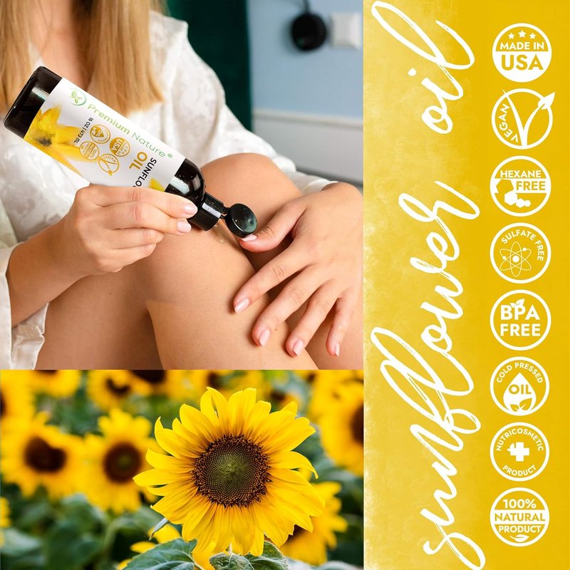 Sunflower Carrier Oil - Cold Pressed Unrefined Seed Oil for Face, Hair & Skin | 16oz