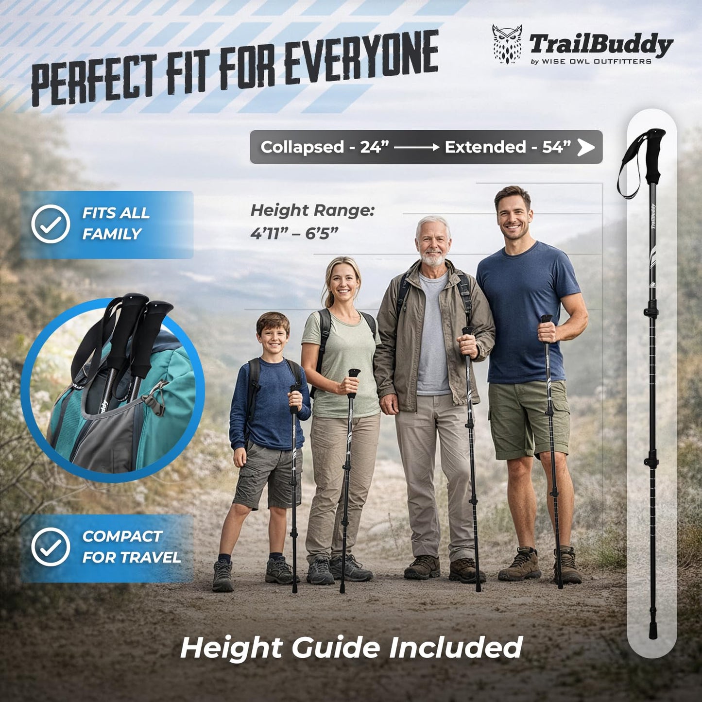 TrailBuddy 3K Carbon Fiber Hiking Poles - Collapsible Lightweight Trekking Poles for Hiking - Adjustable Walking Sticks for Women, Men, Seniors with All-Terrain Tips, Baskets & EVA Grips