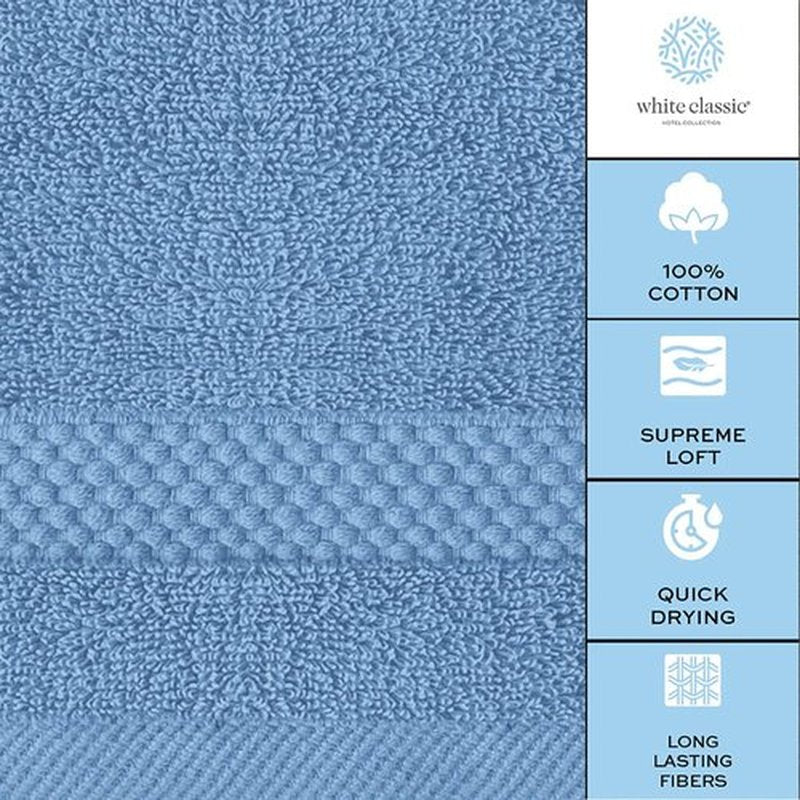 White Classic Luxury Cotton Washcloths - Large Hotel Spa Bathroom Face Towel | 12 Pack | Light Blue