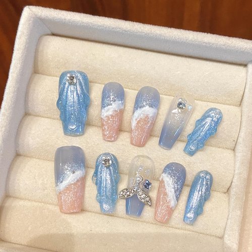 MNAFAYY 100% Handmade Nails Blue Sea Beach Medium Press On Nails 3D Gems Full Cover Luxury Gorgeous Reusable UV Finished Fake False Nails Acrylic Nail Kit With Box Gifts Women Mother's Day M